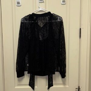 Ann Taylor Black Sheer Lace Tie-Neck Blouse